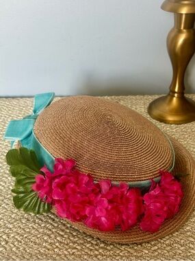 Vintage Spencer Canada Straw Tilt Hat Aqua Velvet Ribbon Floral Cocktail Hat